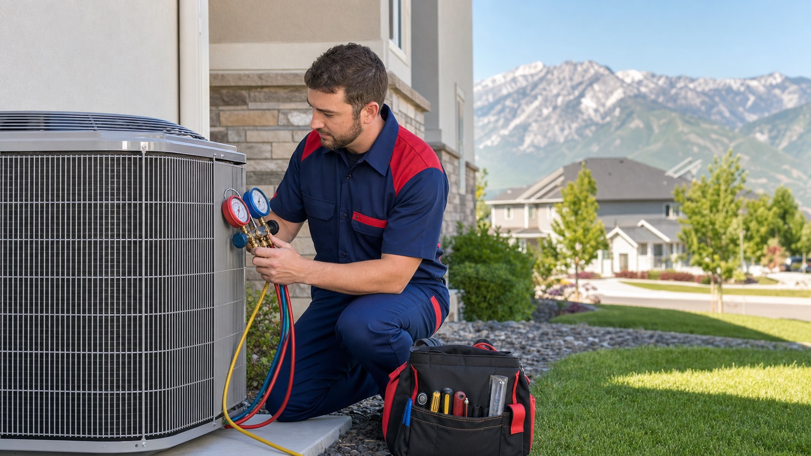 Professional AC repair technician diagnosing an outdoor air conditioner in Utah County